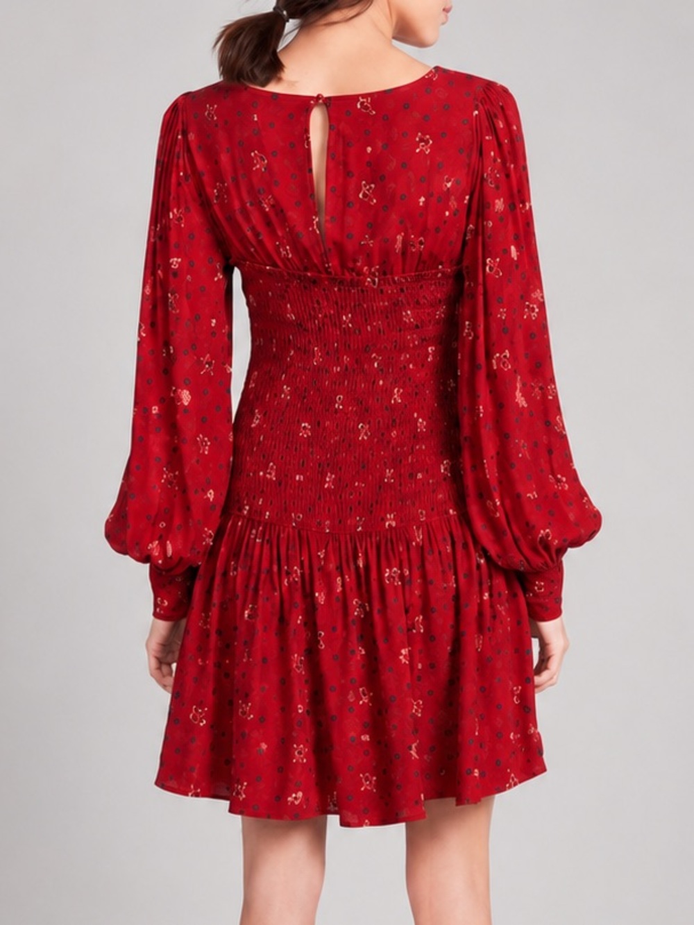 🆕🌹Free People Ruby Combo Smocked Mini Dress Boho Long Sleeve Red Floral XL Chic - Picture 3 of 17